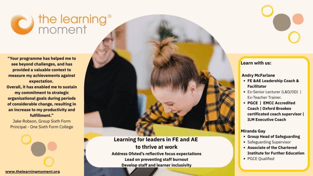Laughing woman with man in the background text with testimonial service offer and facilitator and Coach information